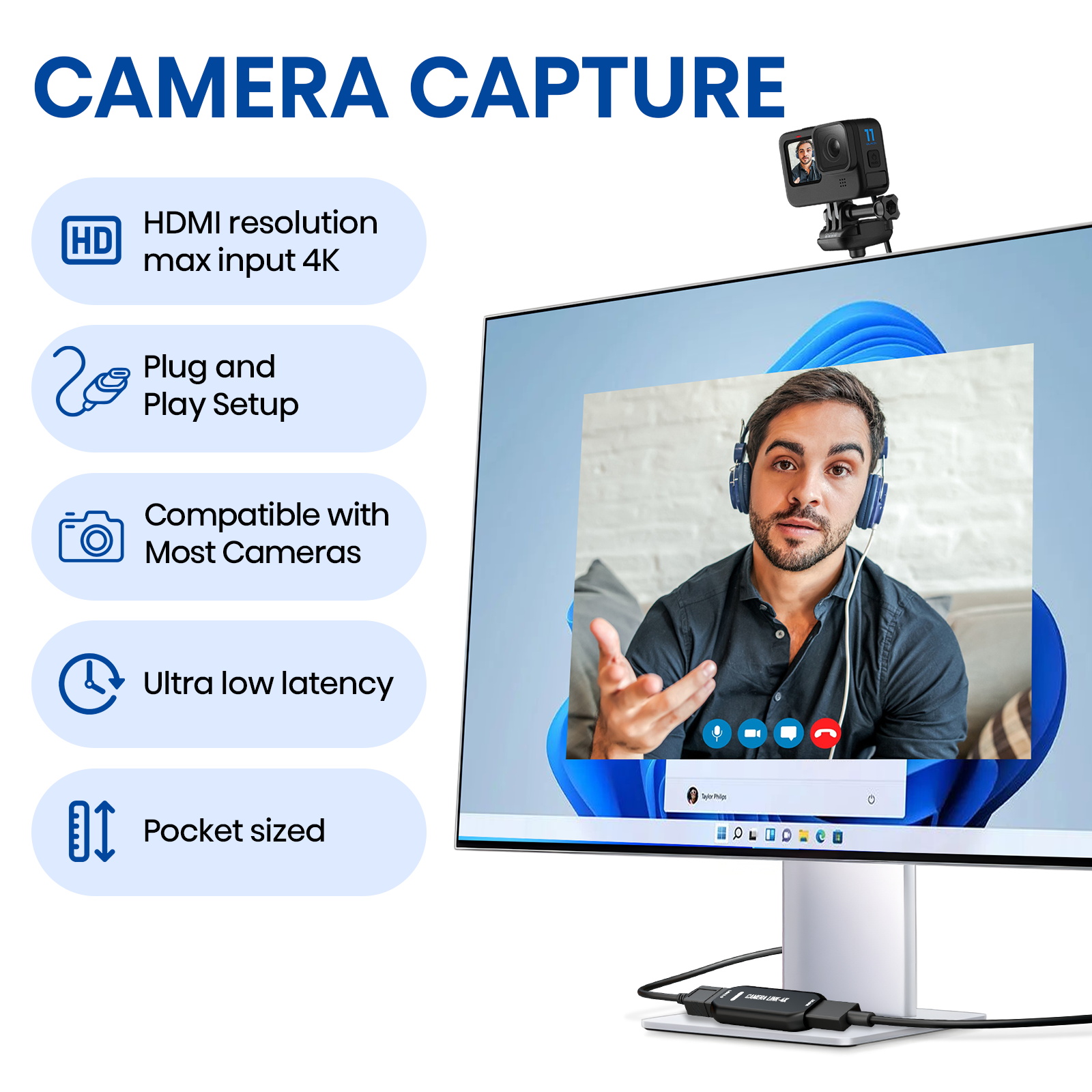 DigitPro Cam Link 4K – External Capture Card for DSLR Camcorder ActionCam as Webcam, HDMI to USB 3.0, Meet/Stream/Record in 2K50/1080p60, Easy Connect for OBS/Zoom, Windows/Mac